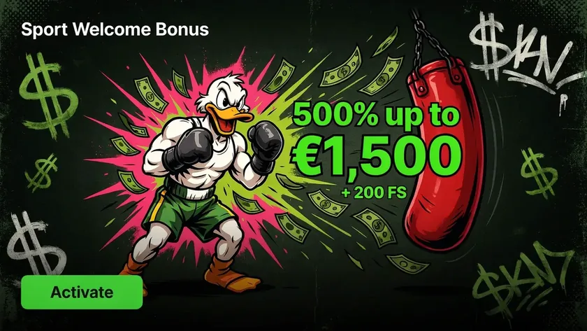 Sport welkomstbonus met eend-mascotte en geld